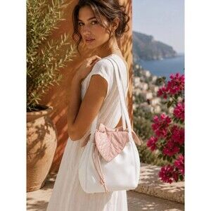 Paolo Masi Made In Italy Leather Shoulder Bucket Bag White Pink Leaf Drawstring